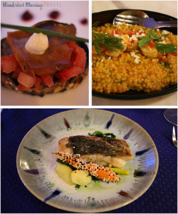 three photos, 1 of a fish appetizer a top a cracker, next shrimp over cous cous and finally seabass with vegetables