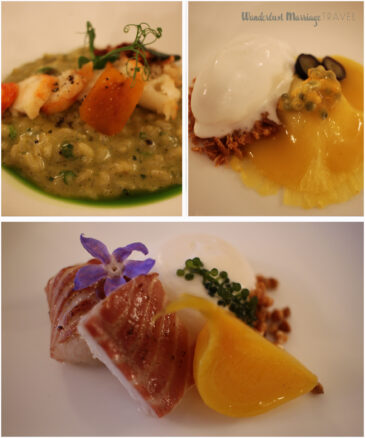 3 photos - smoked eel with fish roe, beetroot, panna cotta, sea grape; another of crayfish risotto and the other of a pineapple ravioli dessert