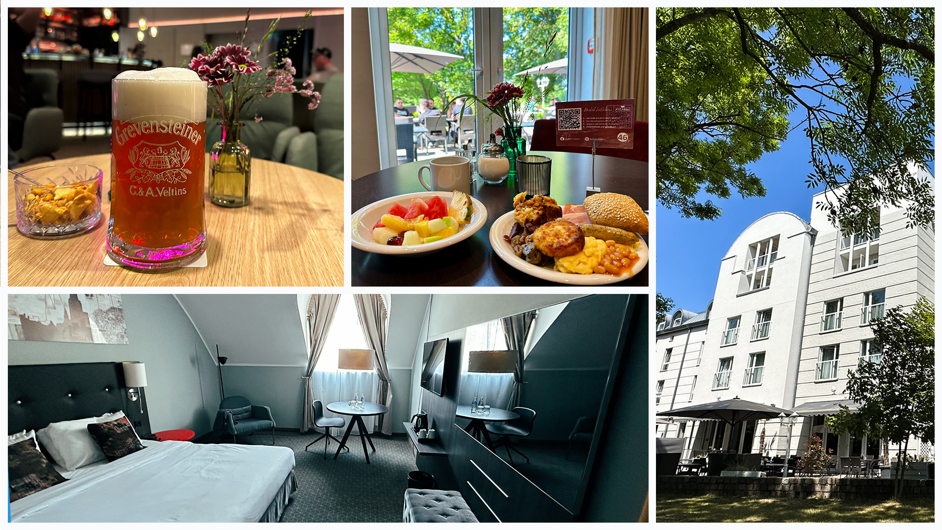 4 photos - one of a pint of beer, another of breakfast that includes, scrambled eggs, sausage  and fruits, another of a modern hotel room room with a large screen TV, and the last photo of the front of the hotel surrounded by trees