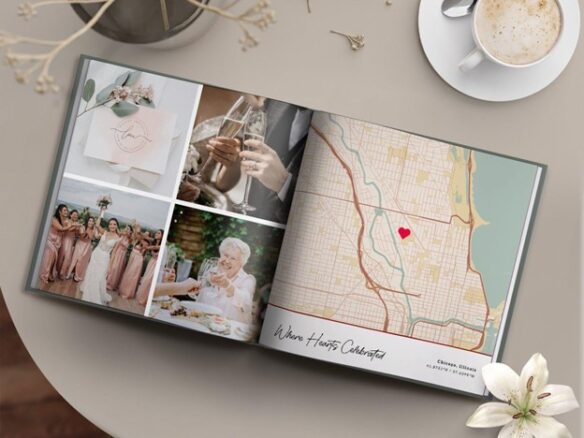 A wedding photo book sits on a table with a cup of coffee with photos of guests having a good time