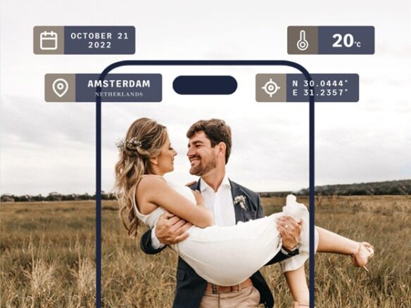 Picture of bride and groom in a field with a phone overlaid showing how meta data can be captured