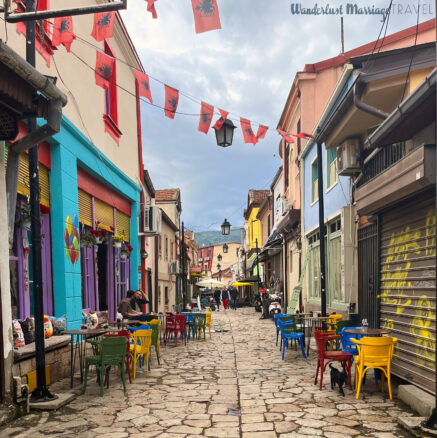 Lane way in the old town in Skopje with colorful chairs out in the pedistrain only street