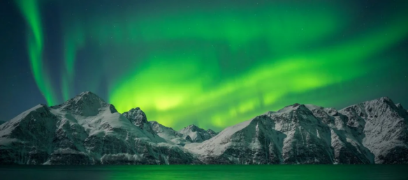 Green colors dominate the Northern Lights over snow capped mountains near Tromso, Norway.