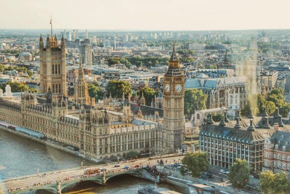 An aerial view overlooking Big Ben, the houses of Parliament and the surroundings of Westminster in London, England.
