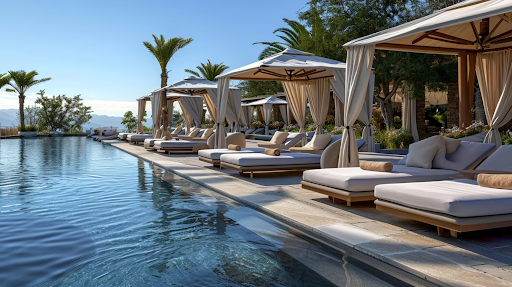 Luxurious draped pool chairs dot a vast pool with the sea in the background.