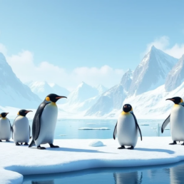 A group of penguins standing on a sheet of ice near water, with mountains draped in ice in the background, in Antarctica.