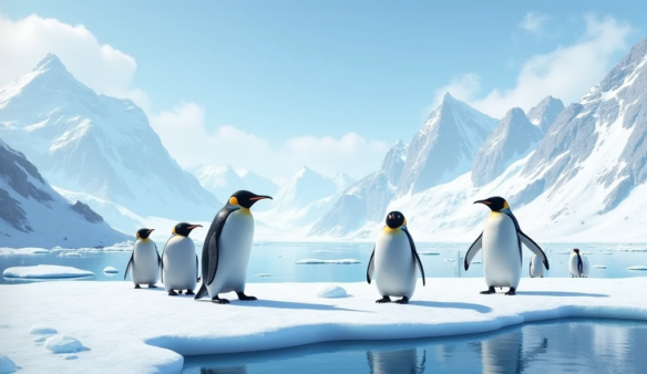A group of penguins standing on a sheet of ice near water, with mountains draped in ice in the background, in Antarctica.