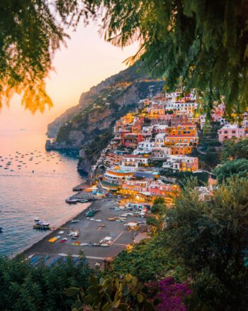 Sunset in Positano in the Amalfi Coast of Italy