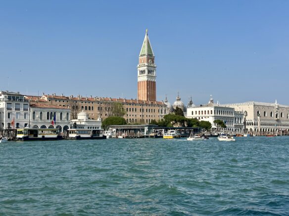 A blue sky over Venice, Italy including Piazza San Marco across the canal.