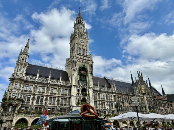 A partly cloudy blue sky over Marienplatz on Munich, Germany.
