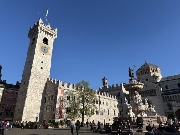 A clear blue sky over Piazza Duomo in Trento, Italy.