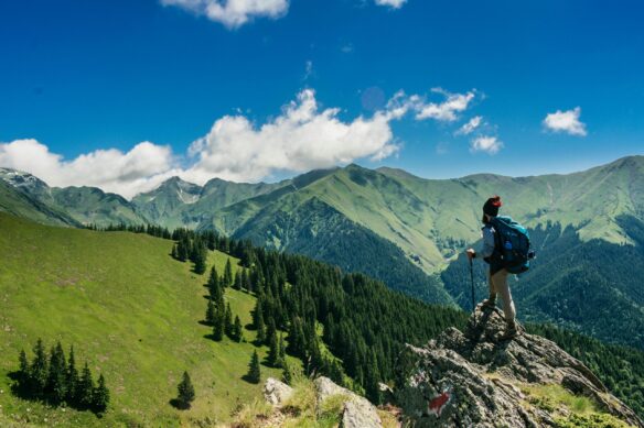 A man hikes a summit overlooking forested mountains