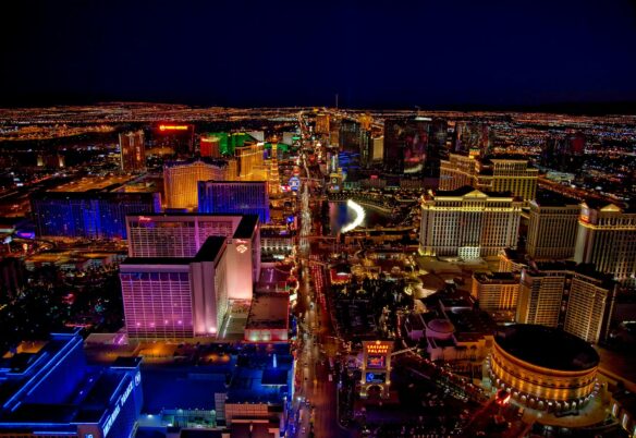An areal photo of the bright lights of Las Vegas, Nevada at night.