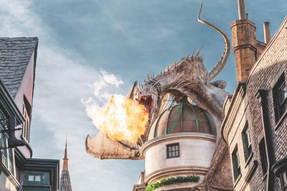 Hungarian Horntail Dragon blows fire at Universal Studios Orlando.