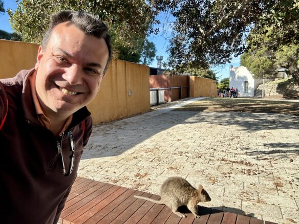 Alex and a Rottnest Island Quokka in Thompson Bay.