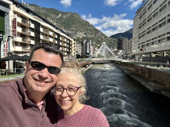 Alex and Bell along the Gran Valira River,in Andorra La Vella.