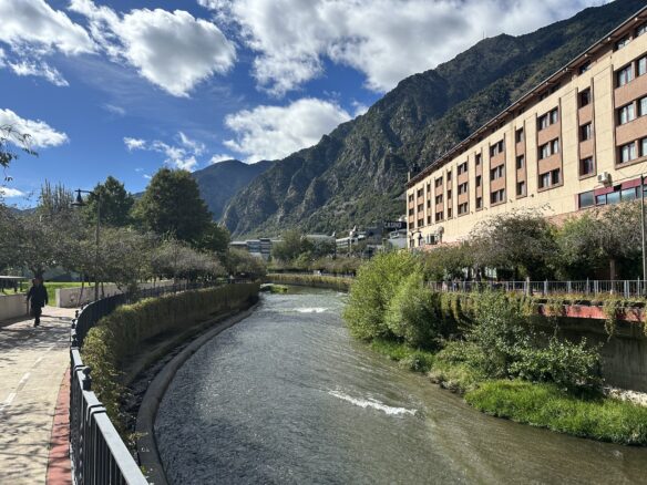 The Gran Valira River cuts through the The Pyrenees Mountains in Andorra La Vella.