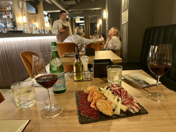 A charcuterie board and excellent red wines in a chic wine bar in Andorra La Vella. 