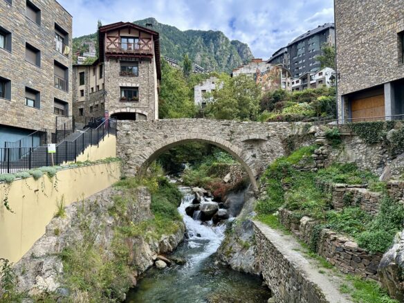 A stone bridge in Andorra La Vella over the The Gran Valira River.