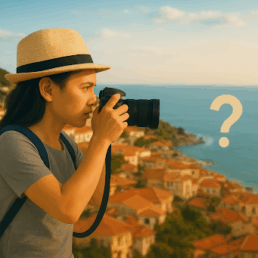 A person holding a camera to take a photo overlooking a seaside town