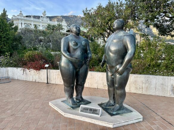 Adam and Eve by renown Colombian artist Fernando Botero in Monte Carlo, Monaco depicts the biblical characters in a shapely exagerated volume.
