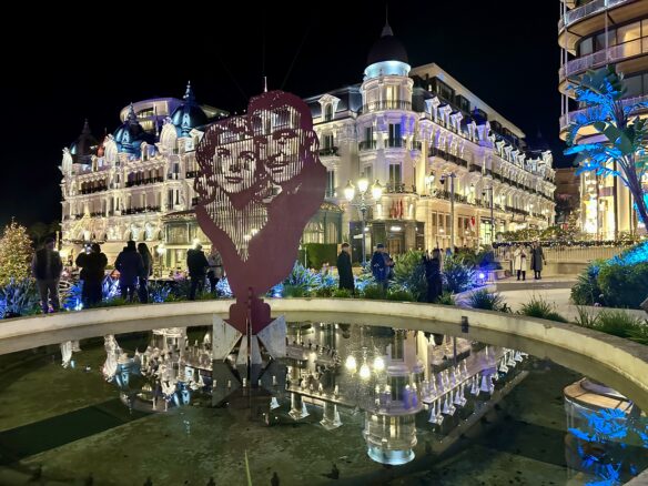 Hôtel de Paris Monte-Carlo decorated for the holidays with a statue of the prince and princess of Monaco.