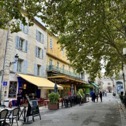 Place du Forum in Arles, France is lined with restaurant and cafe terraces, and is the setting of Vincent Van Gogh's Cafe Terrace at Night.