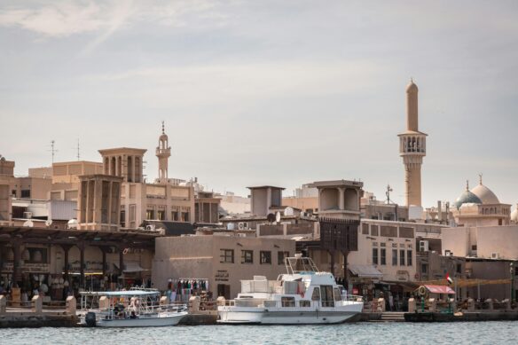 A boat docked along Dubai Creek in Old Dubai.