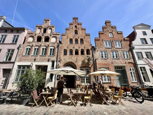 A cafe terrace in the historic center of Lubeck, Germany