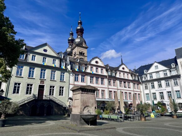 A blue sky over the historic center of Koblenz, Germany