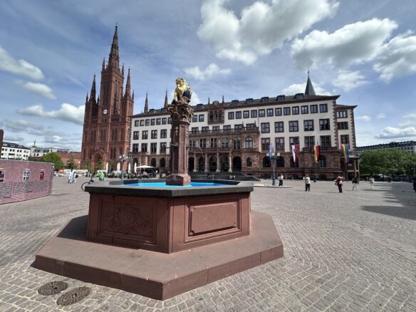 The center of the old town of Weisbaden including the Town Hall and the neo-Gothic Marktkirche