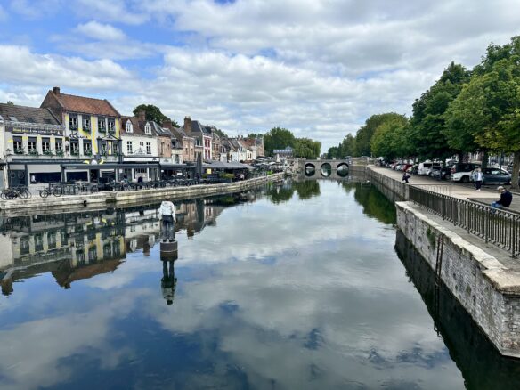 Half timbered restaurants and cafes line the canal in the Quartier Saint-Leu district of Amiens, France