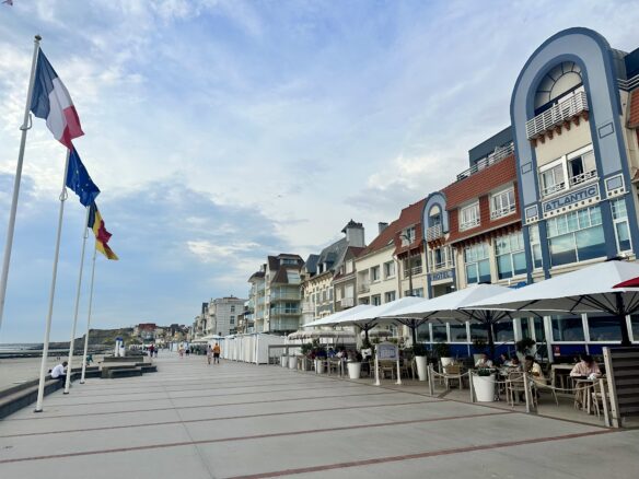 Restaurants line the boardwalk in Wimeraux, France
