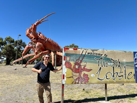 Alex Kallimanis with a thumbs up at the Big Lobster in Kingston, South Australia