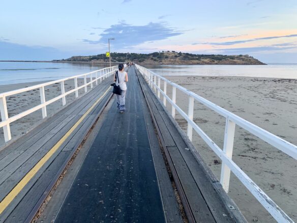 Bell walking along the causeway in Victor Harbor, South Australia